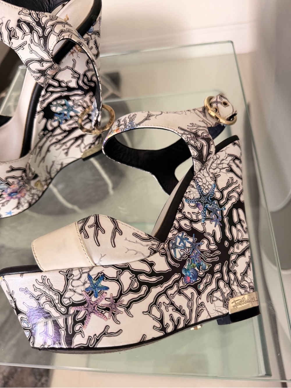 Just Cavalli White Coral-Print Platform Wedge Sandals with Blue & Pink Accents